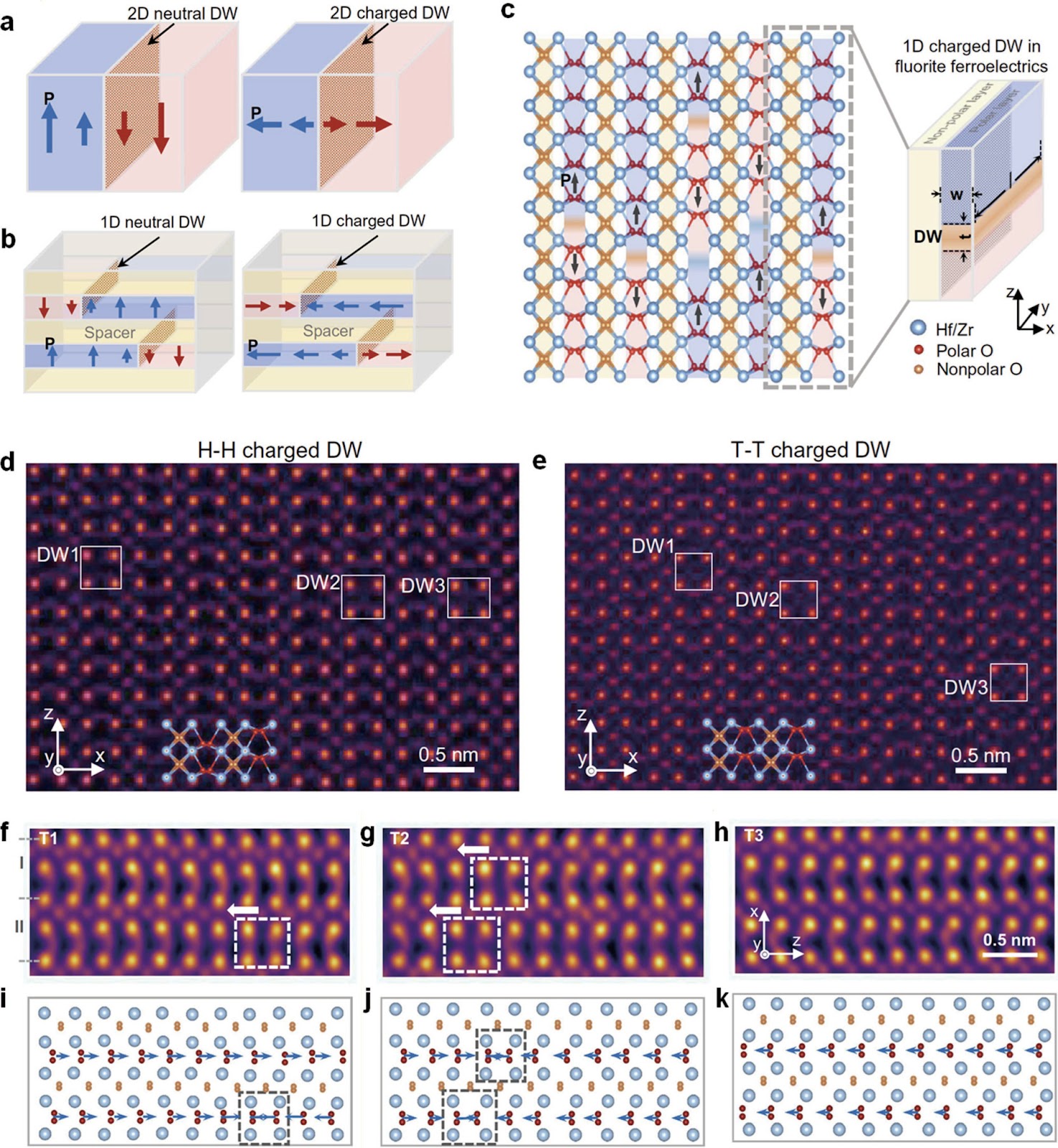 One-dimensional charged domain walls in fluorite ferroelectrics