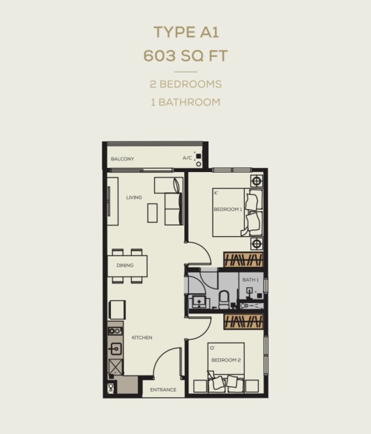 BambooHill Type A floor plan — 603 sq ft, 2 bedrooms