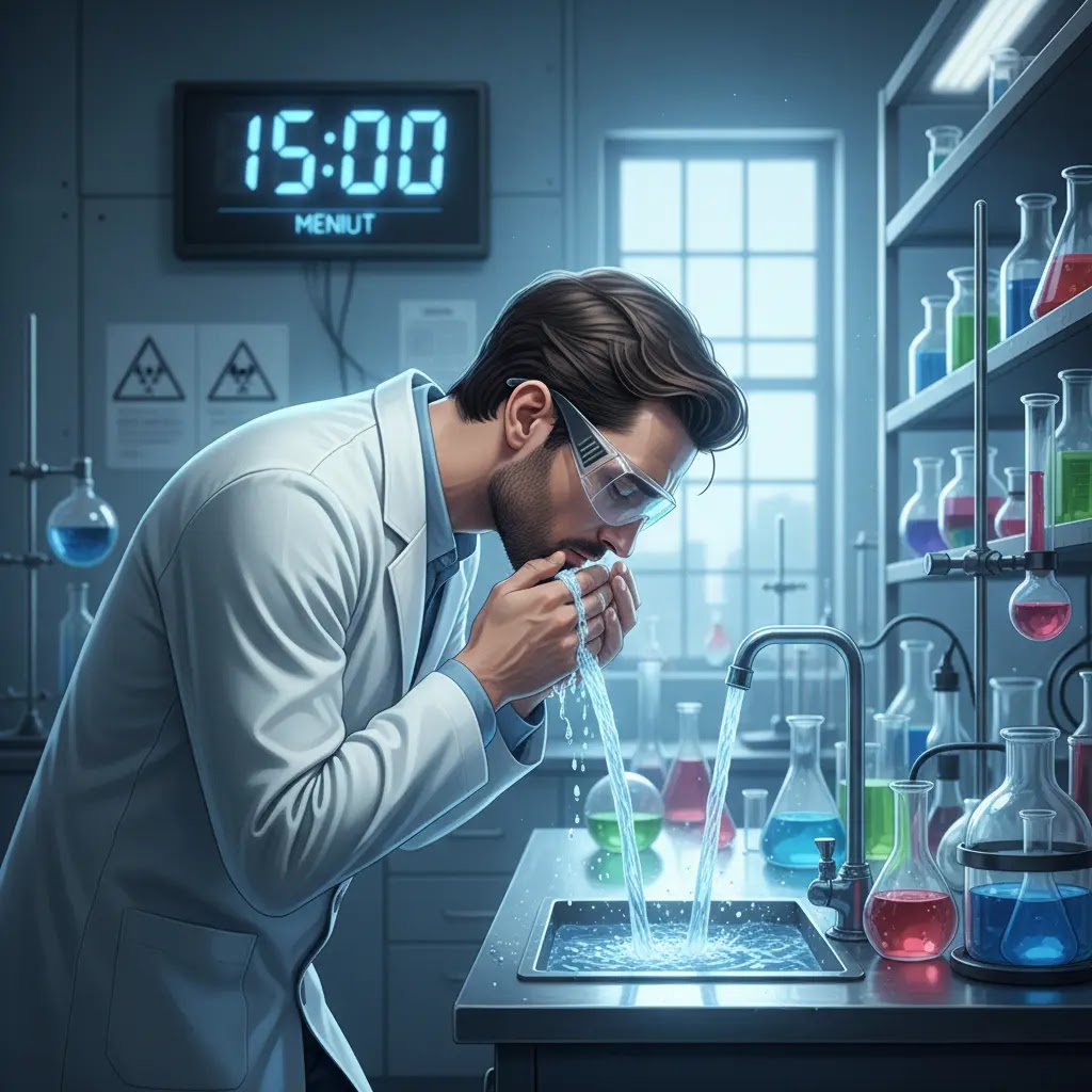 Berapa lama waktu mencuci mata jika terkena bahan kimia di lab