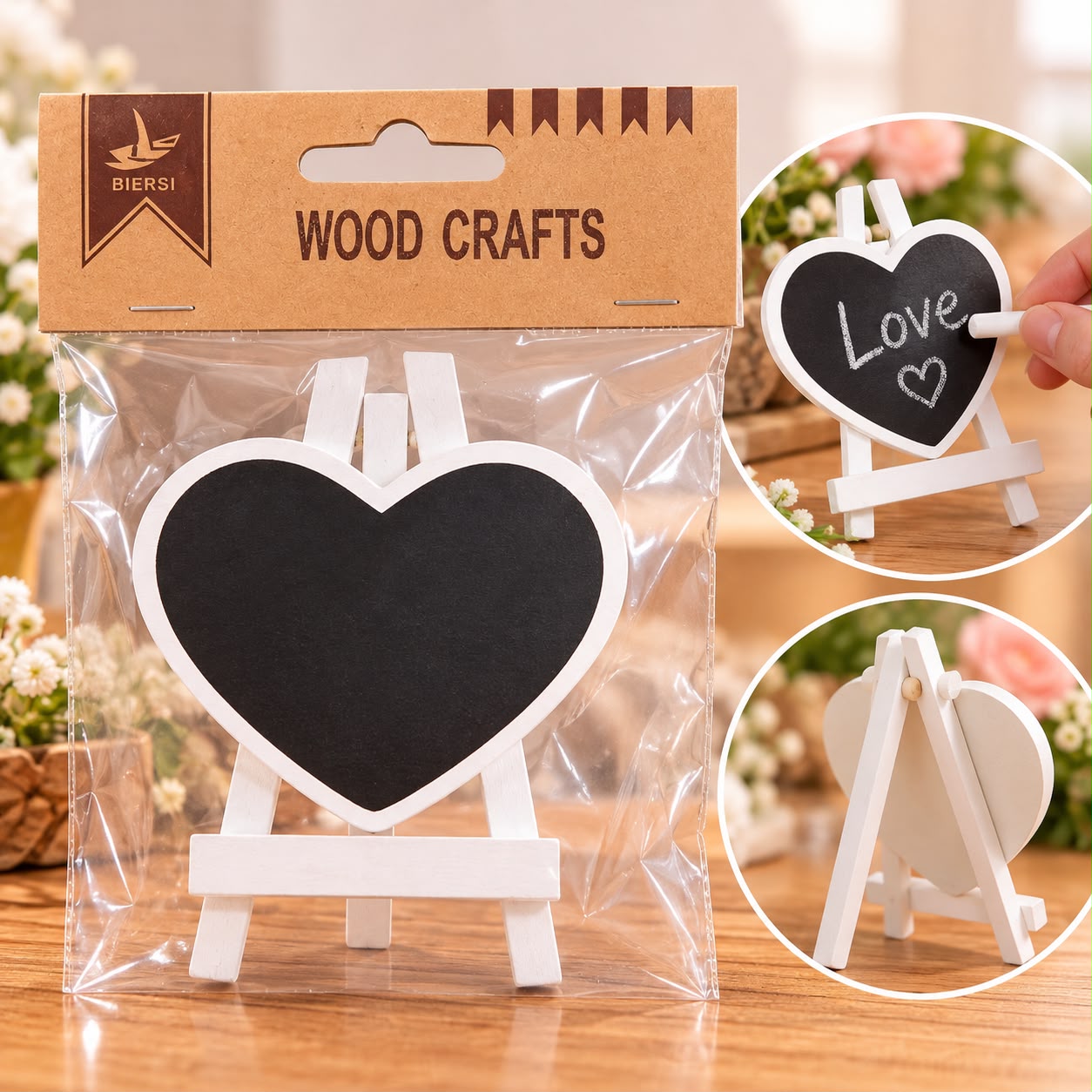 Mini pizarra corazón con atril de madera