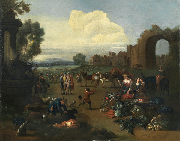A market scene with a river landscape beyond