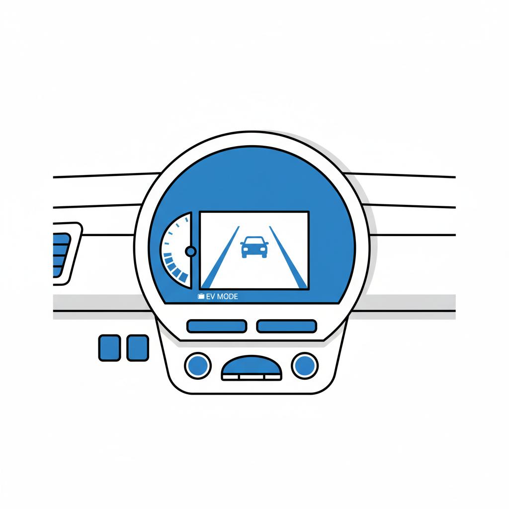 Minimalist 2D vector dashboard with driver assist camera view and hybrid powertrain indicator in a compact crossover showing clear display and blue accents dealer subaru near me