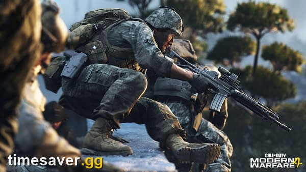 Modern Warfare 4 soldiers advancing with assault rifles in a daytime firefight