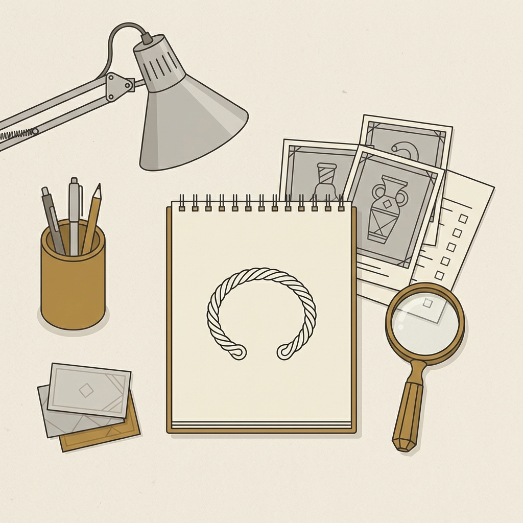 Minimalist 2D vector studio tabletop with printed museum references checklist and open sketchbook showing an ancient viking arm ring line drawing