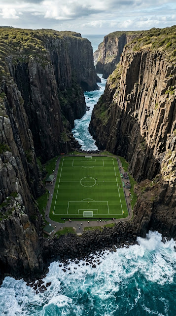 Surreal Soccer Field Built into a Steep Coastal Cliff Ravine - Free mobile Wallpaper