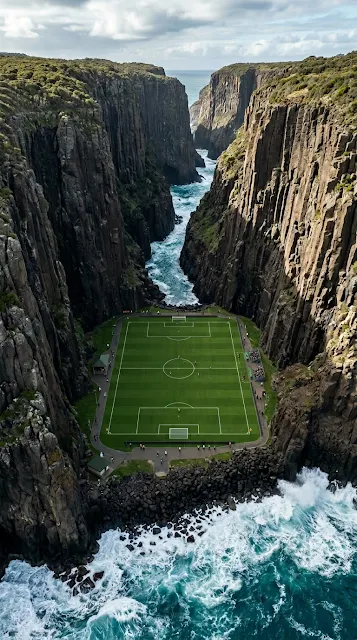 Surreal Soccer Field Built into a Steep Coastal Cliff Ravine