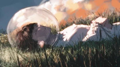 Anime Astronaut Lying in Grass 4K Desktop & Mobile Wallpaper Background