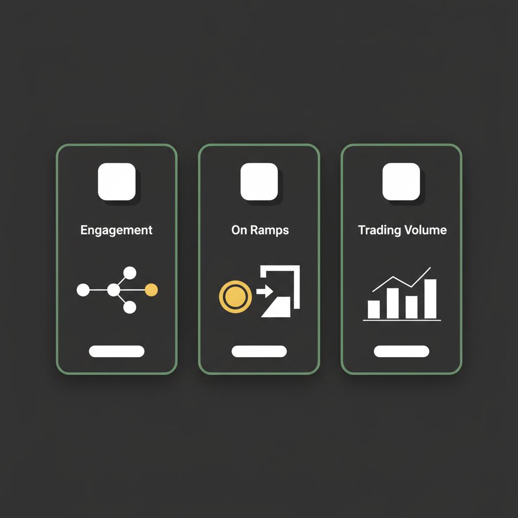Minimalist 2D vector comparison of three app cards showing engagement coin on ramps and trading volume in Finance Police colors featuring best crypto trading app