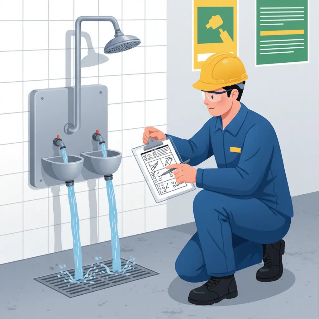Prosedur inspeksi mingguan eyewash station sesuai aturan K3.