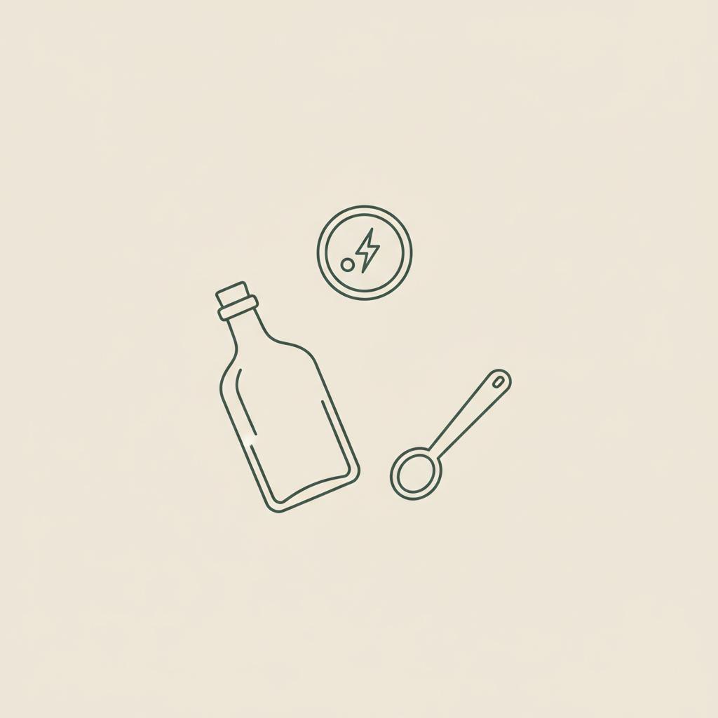 Minimalist vector line illustration of a vinegar bottle, measuring spoon, and a stylized cell with lightning bolt representing apple cider vinegar AMPK activation on a beige background.