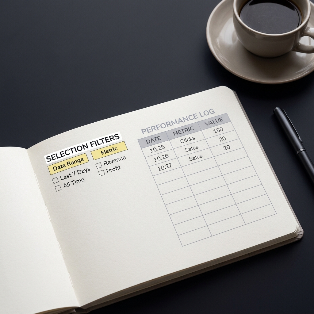 Close up minimalist notebook with selection filters and a simple performance log on a dark Funded Plays background positive ev vs high win rate cup of coffee nearby neutral lighting