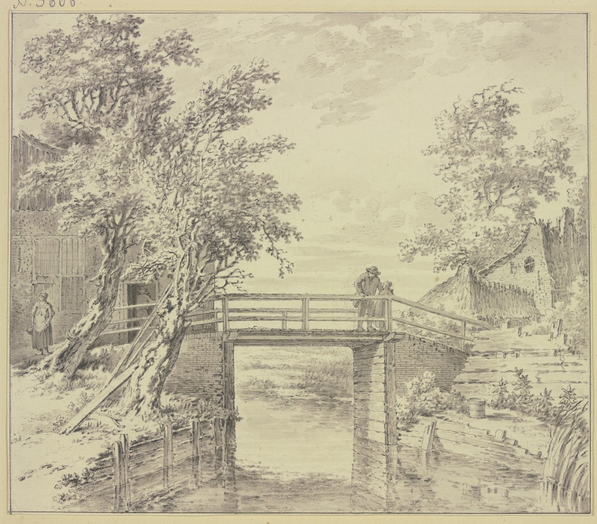 Zwischen Häusern eine Brücke über einen Kanal auf welcher ein Mann und ein Mädch