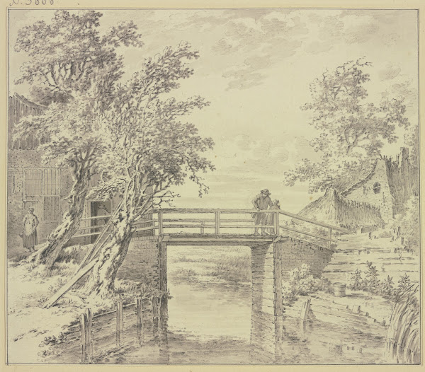 Zwischen Häusern eine Brücke über einen Kanal auf welcher ein Mann und ein Mädch