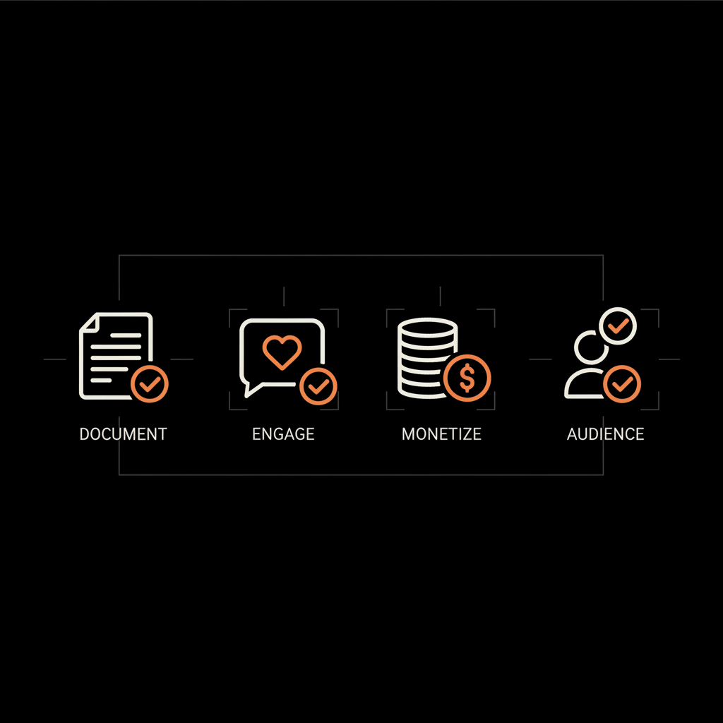 Minimal infographic with four checklist icons (document, engagement, monetization, clean followers) on black background using brand colors to show ways to increase value — 10k Instagram account worth