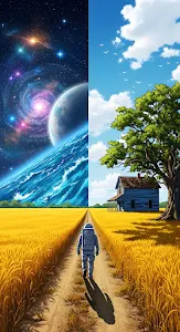 Split Reality Astronaut Walking Through Cosmic Field