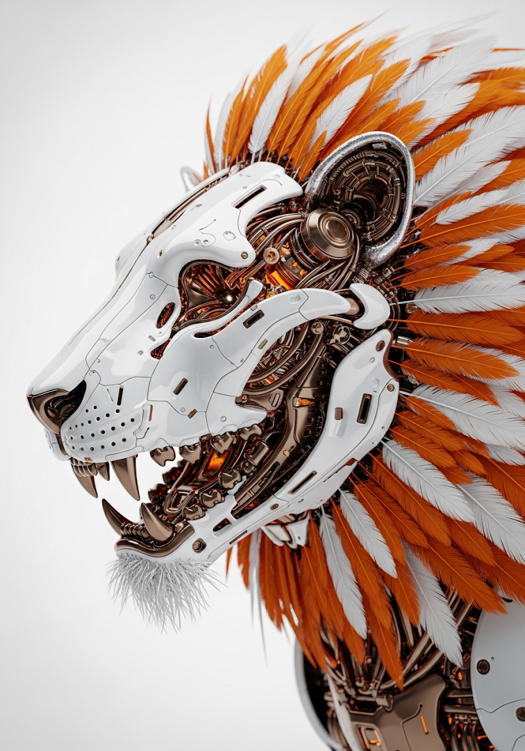 Cybernetic Lion Head Orange Feathers Mechanical Art