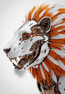 Cybernetic Lion Head Orange Feathers Mechanical Art