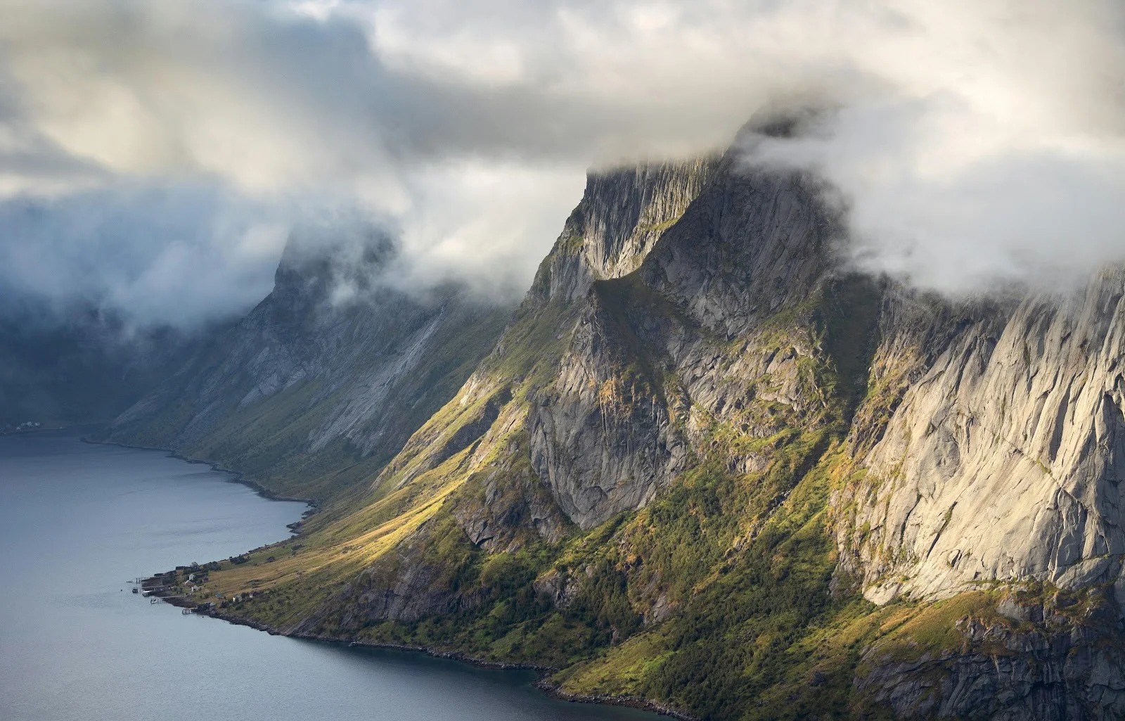 Fjord Cliffs Under Moody Clouds - Nature Photography 5K Wallpaper (5333x3415)