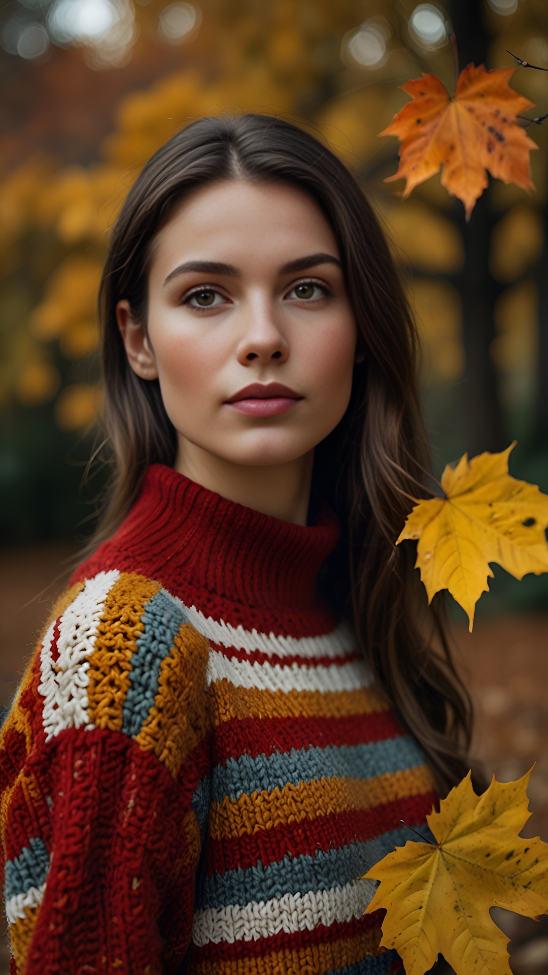 Woman in Colorful Knit Sweater Amidst Autumn Maple Leaves - Free 4K mobile Wallpaper