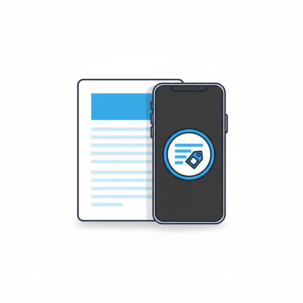 Minimalist vector illustration of a printed vehicle history report beside a smartphone showing a price analysis badge on a dealer listing toyota hilux for sale in white and blue brand colors