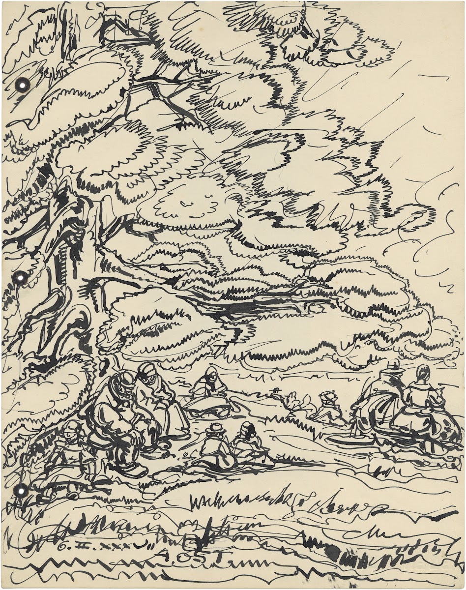 Groepje mensen zitten onder bomen 1937