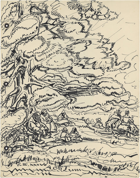Groepje mensen zitten onder bomen 1937
