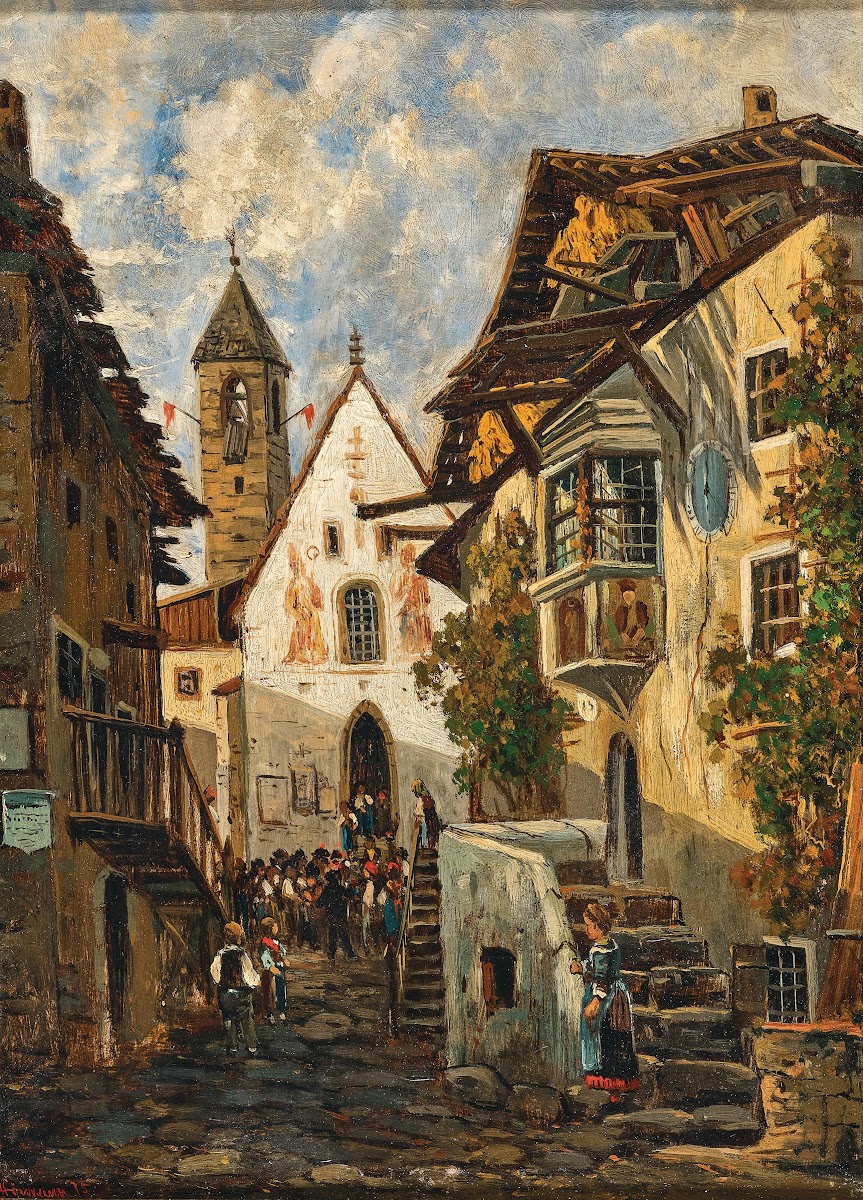 Dorfmotiv von Albeins bei Brixen Tirol 1875