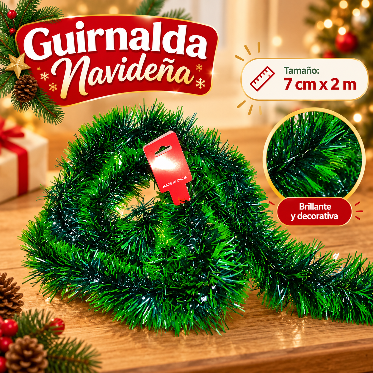 Guirnalda navideña de tinsel verde 7 cm x 2 m