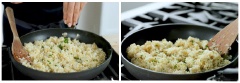 Tỏi lột vỏ, 1/2 xắt lát, 1/2 băm nhuyễn. Ngò tây xắt nhuyễn. Đun nóng dầu olive, cho tỏi lát vào phi vàng thì vớt ra rồi cho tỏi băm vào đảo đều, cho cơm vào chiên thật đều. Nêm muối, tiêu, nước tương, rươu sake rồi đảo thật đều, rắc thêm chút ngò xanh nữa là hoàn tất rồi đó