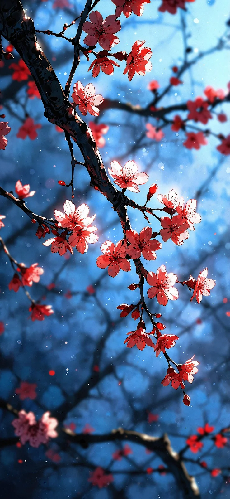 Dramatic Cherry Blossoms Blue Sky - Stylized Digital Art 2K iPhone Wallpaper (1890x4094)