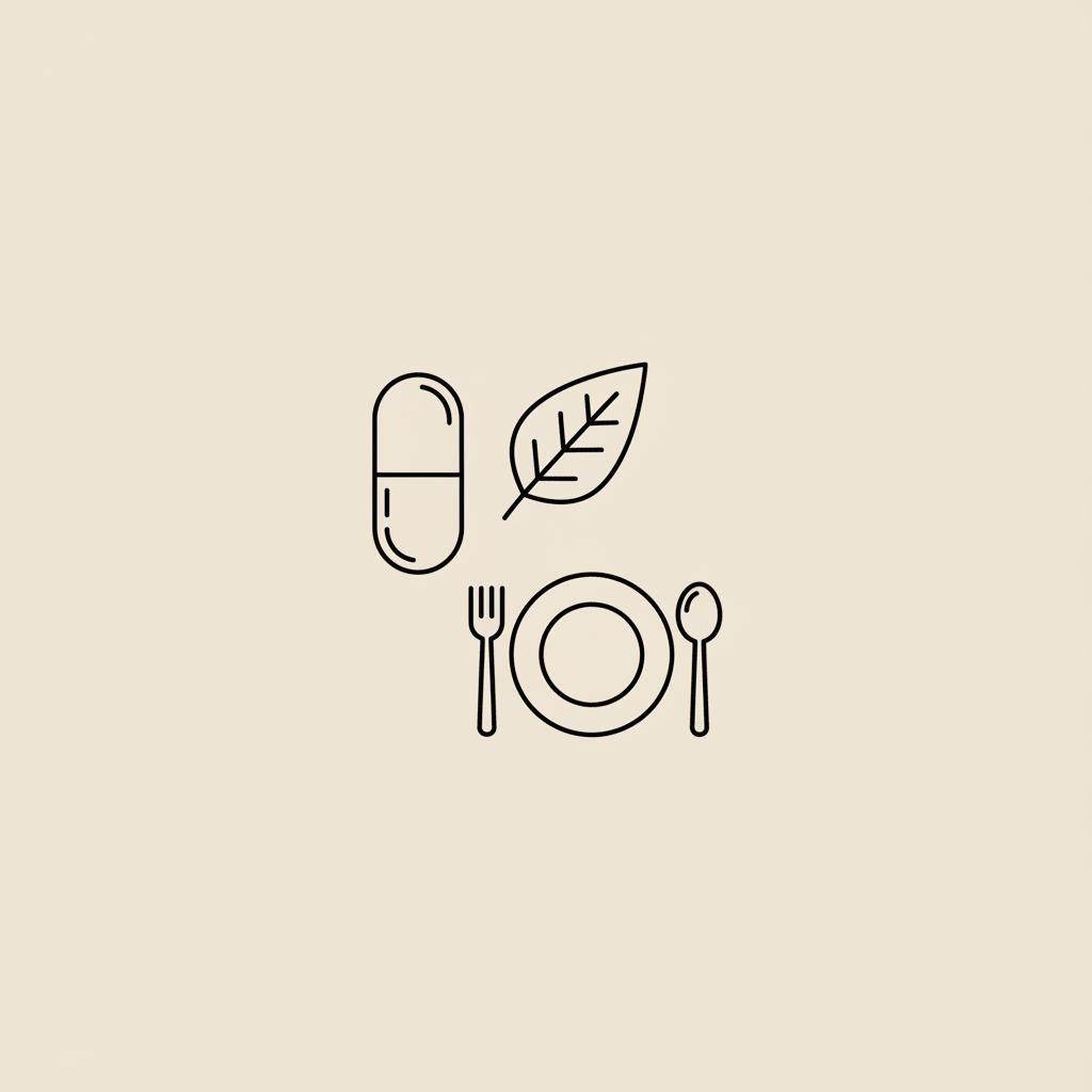 Minimal Tonum-style line illustration of a capsule, leaf, and small plate with utensils on beige background, symbolizing a stored fat belly burner concept.