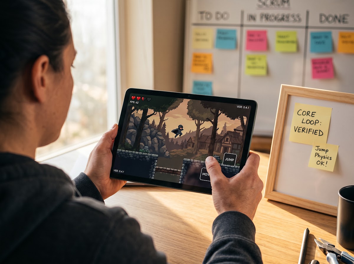 Over-the-shoulder view of a developer testing a playable side-scrolling platformer prototype on a tablet, with a whiteboard reading Core Loop: verified in the blurred background.