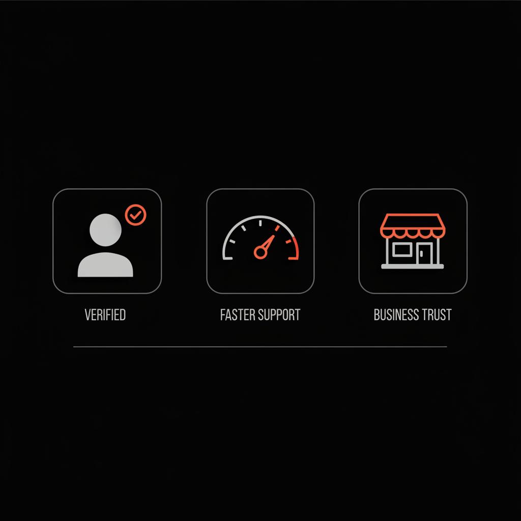 Minimal black-background infographic with three vector icons (profile with verification check, speedometer for faster support, storefront for business trust) illustrating benefits of getting verified on Instagram