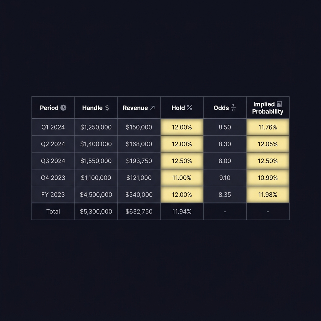 Clean spreadsheet screenshot showing columns period handle revenue hold odds and implied probability with example numbers highlighted for Using Hold and Break Percentages in Funded Plays brand colors