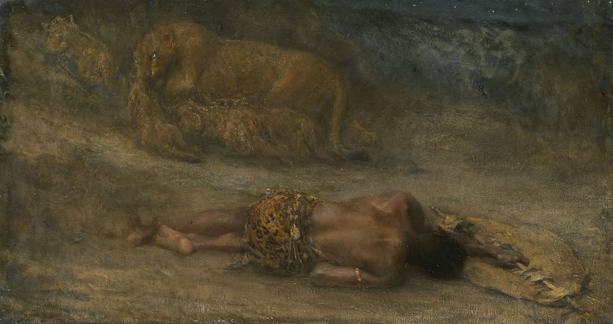 Een leeuwin met haar welpen bij een dode zwarte man genaamd Nemesis 1870   1905