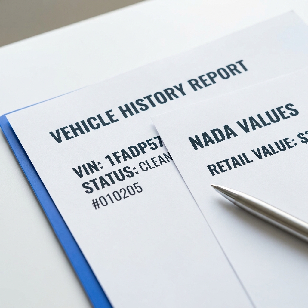 Close up printed VIN report and NADA car value lookup page on white desk with blue folder edge and pen minimalist professional layout
