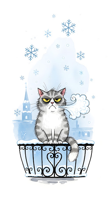 Cute Grumpy Cat Cartoon on Snow-Covered Balcony in Watercolor Style - Free mobile Wallpaper