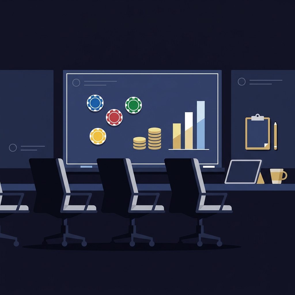 Minimalist 2D vector scene of empty office chairs and a whiteboard with draft pick chips and salary bar charts in brand colors hawks cavs prediction
