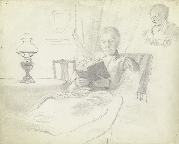 Luise Scholderer lesend mit Tisch und Lampe Brustbild einer weiblichen Figur im