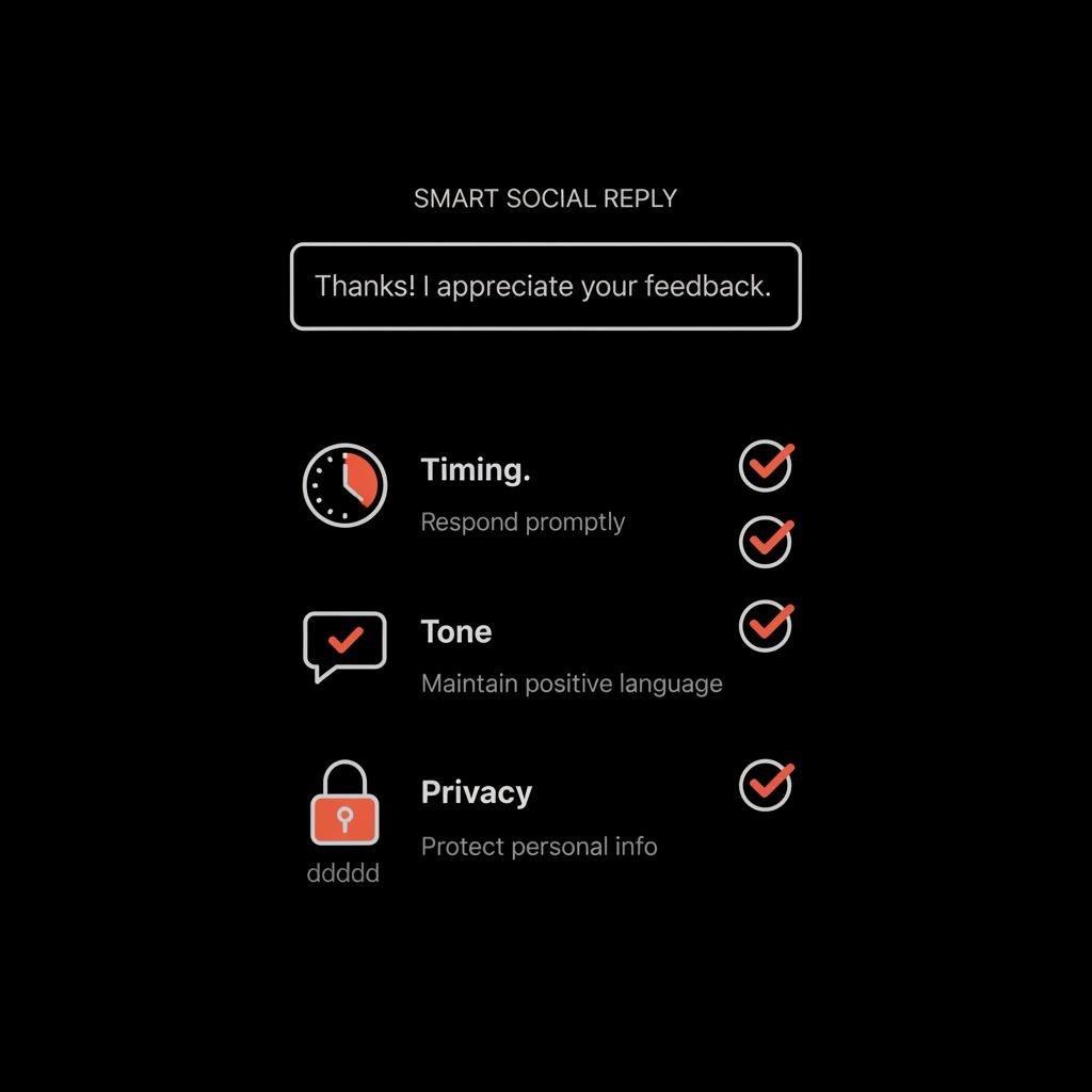 Minimal infographic showing a short reply template and a three-item checklist with clock, speech bubble and lock icons for a negative feedback response in Social Success Hub colors.