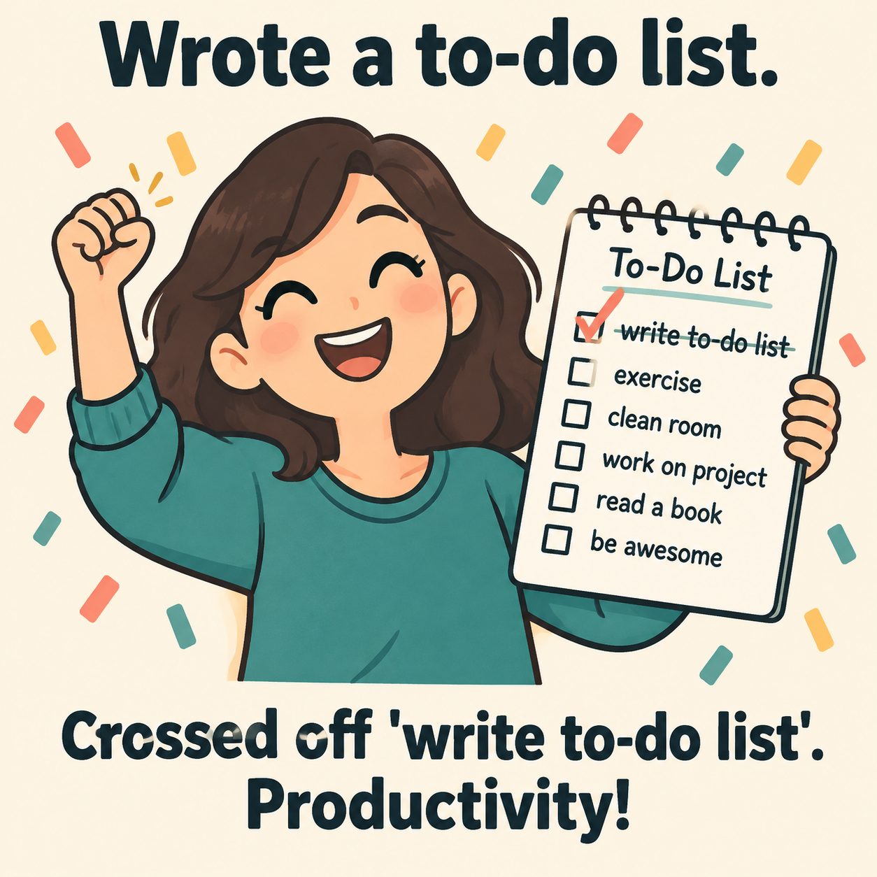 Cartoon of a person proudly holding a to-do list with only "write to-do list" checked off, captioned "Wrote a to-do list. Crossed off 'write to-do list'. Productivity!"