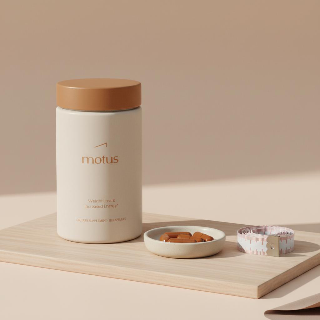 Minimal still-life of the Motus bottle on a light wooden board with a tape measure and ceramic dish of capsules, soft natural light and Tonum color accents — berberine belly fat reduction