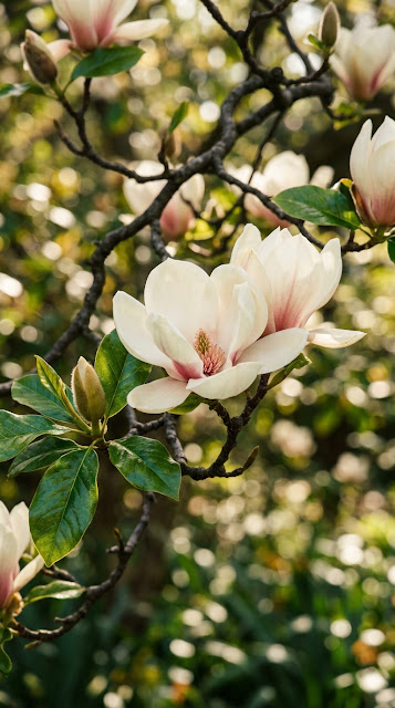 Close-up of Creamy Magnolia Blossoms on Tree Branch - Free mobile Wallpaper