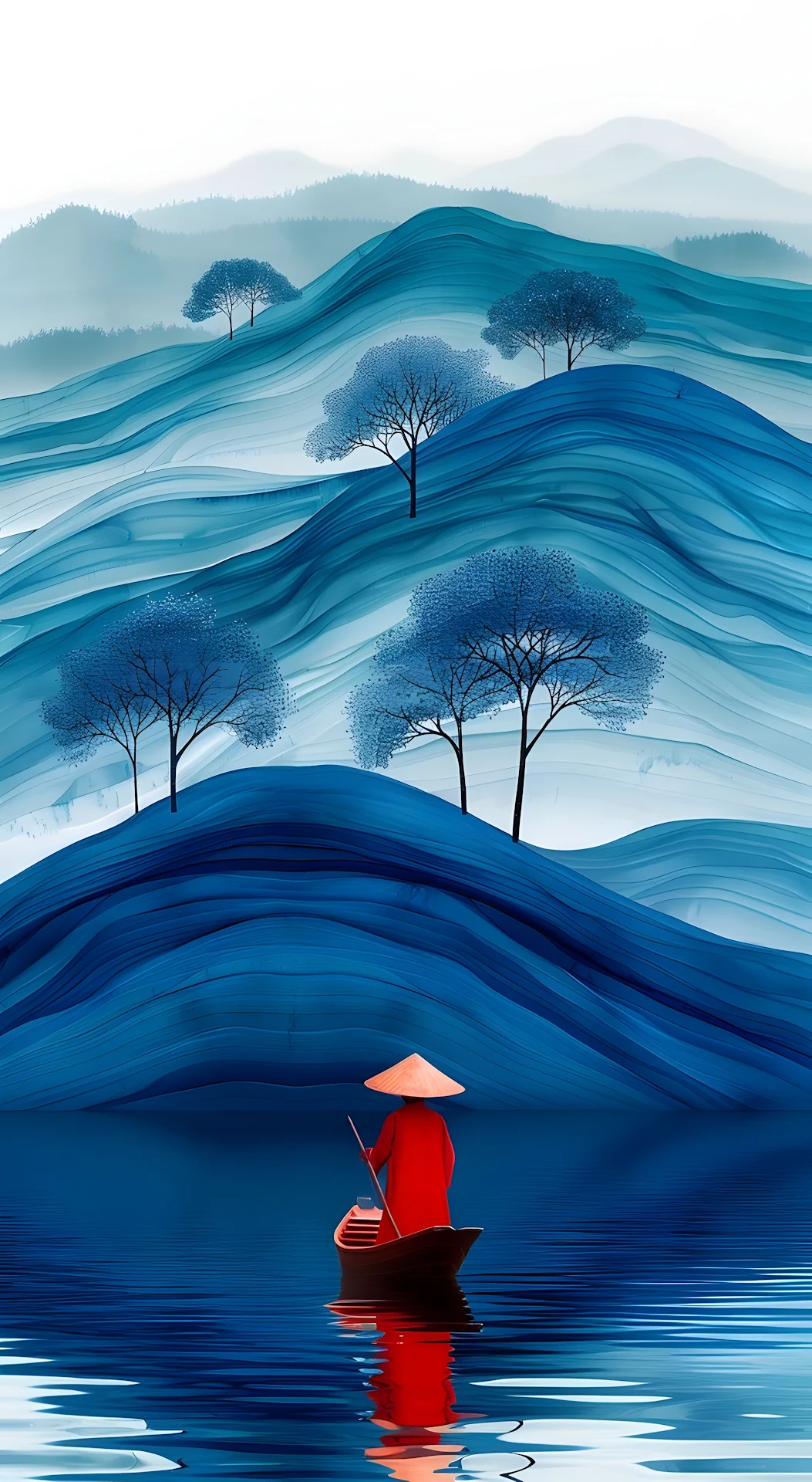 Ink Wash Landscape of Blue Mountains and Red Boat - Free 4K mobile Wallpaper