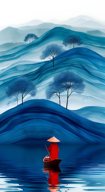 Ink Wash Landscape of Blue Mountains and Red Boat - Free mobile Wallpaper