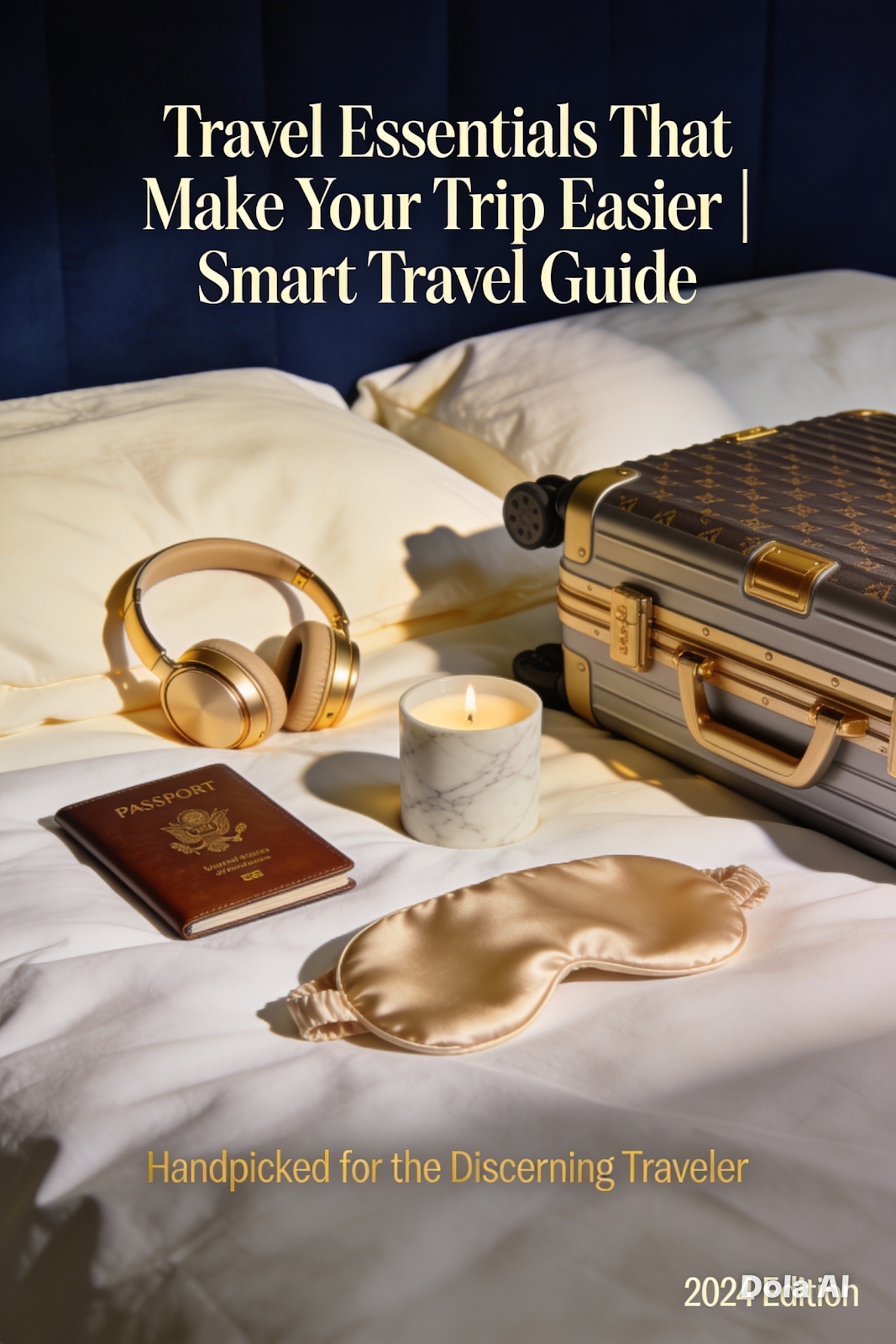 Travel essentials on bed