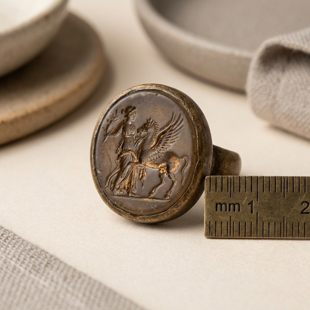 Ancient Rings macro close up of an intaglio bezel showing fine carving and warm patina with a millimetre scale and soft blurred background