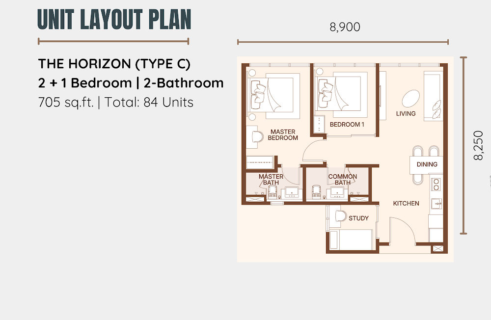 Coronade Twins Type C(The Horizon) 户型图，约 705 平方尺 2 浴