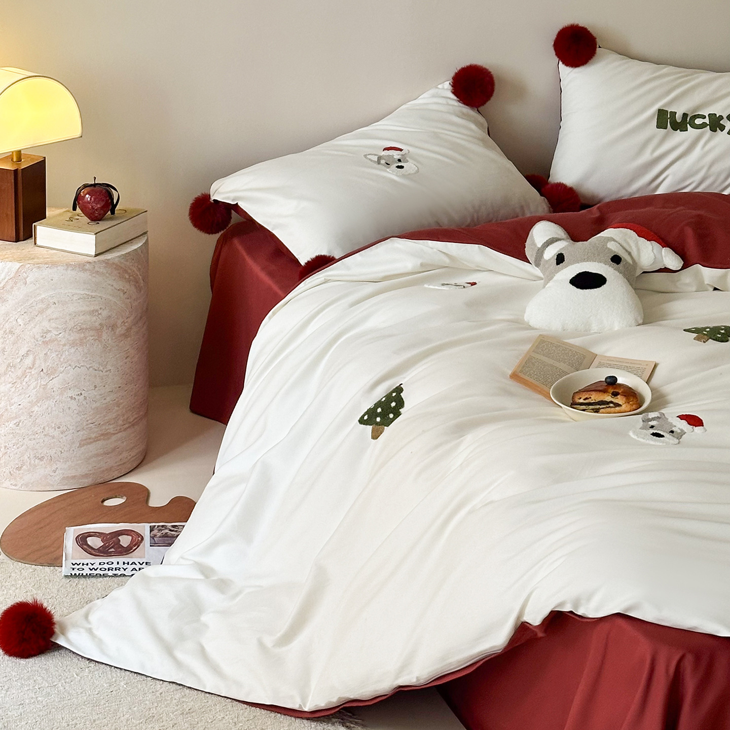 Cotton bedding set, cartoon design, with pom poms