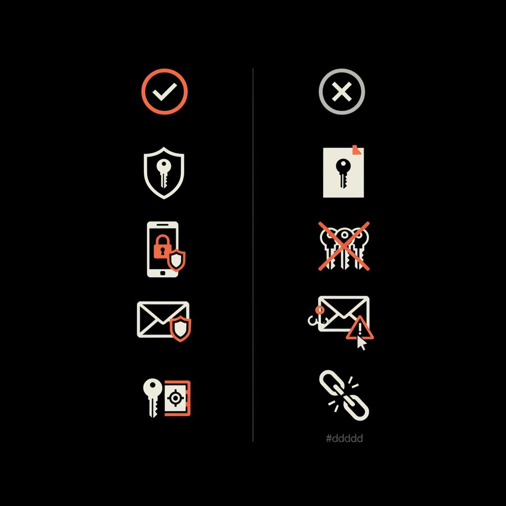 Minimal 2D vector infographic split into 'do' and 'don't' columns illustrating Gmail account recovery best practices with icons for 2FA, recovery email, password manager and phishing avoidance on black background.